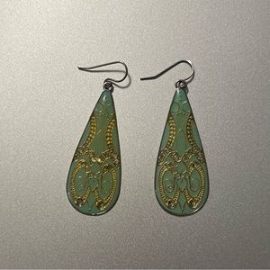 Green Pendant Earrings with Golden Detailing
